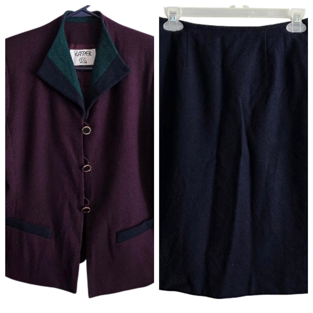 Vintage 90s Kasper Purple Navy Blue & Green Blazer with Skirt Set Wool